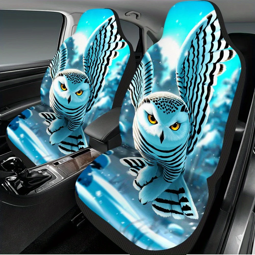Set Of 2, Car Seat Covers With A Winter Snowy Owl Design – Universally Compatible, Sturdy And Fashionable Complete Front Seat Co