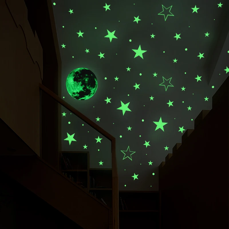 Pegatina luminosa de luna y estrella para pared, calcomanías artísticas fluorescentes que brillan en la oscuridad para el hogar, decoración de techo