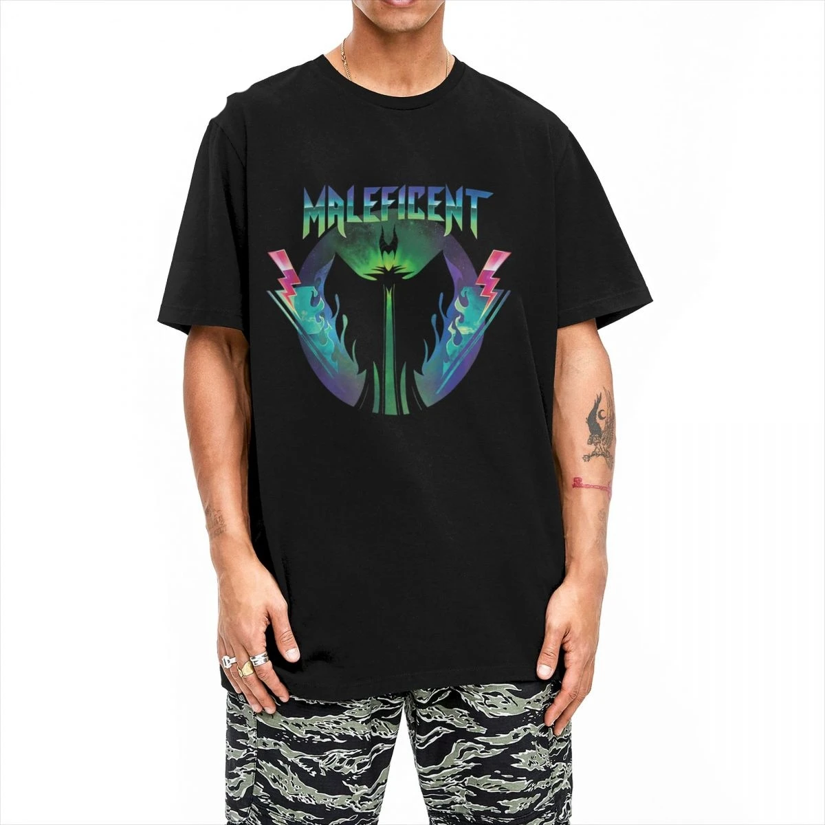 Funny  Villains Maleficent T-Shirt Men Women's Cotton T Shirts 90s Rock Band Neon Short Sleeve Tees Plus Size Clothing