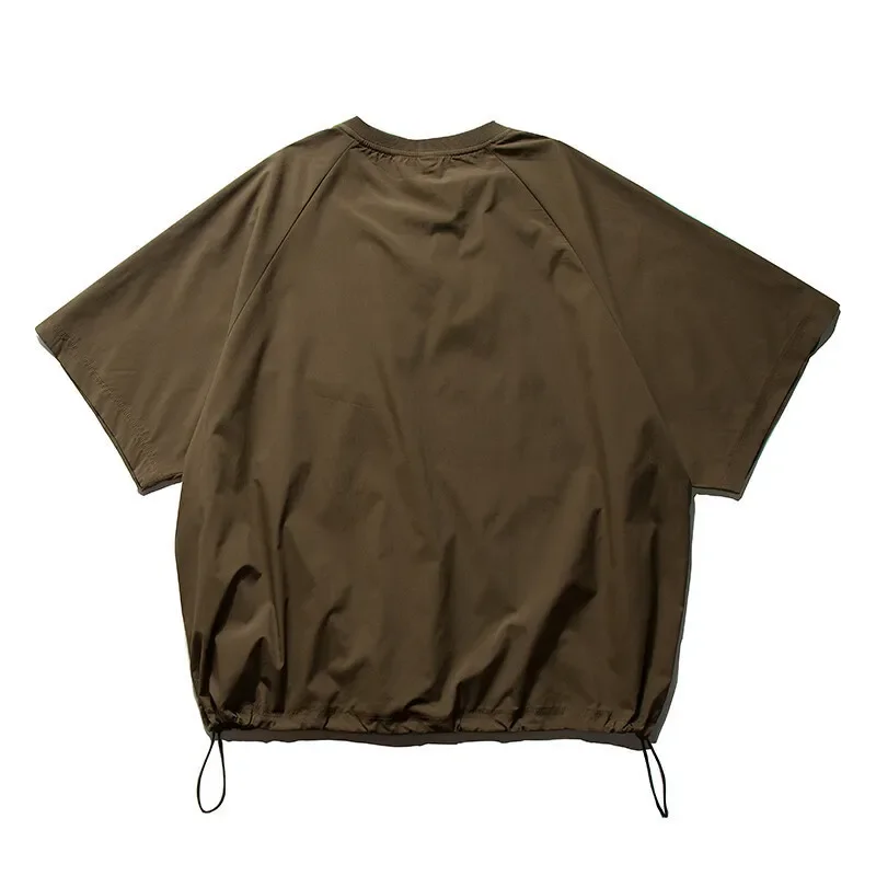 Summer Trendy Outdoor Quick Drying T-shirt Men Adjustable Tie Hem Short Sleeved Top Japanese Loose Casual Chest Pocket T-shirts