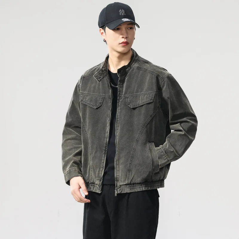 

American Retro Washed Old Bomber Jacket Men Spring Autumn Streetwear Loose Casual Stand Collar Short Cargo Jacket Coat Outerwear