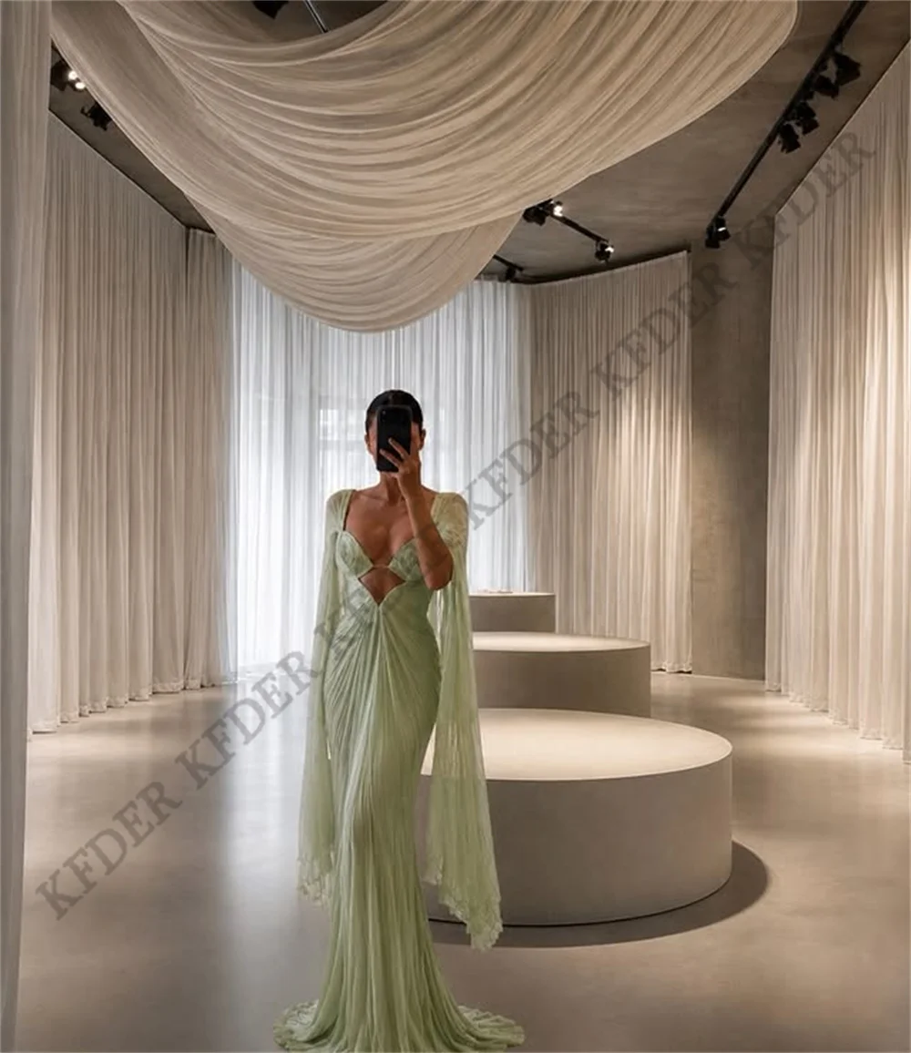 Elegant Sage Green Mermaid Prom Dresses Pleated Cut-out Flare Sleeve Maxi Evening Dresses vestidos de fiesta Customized view 2