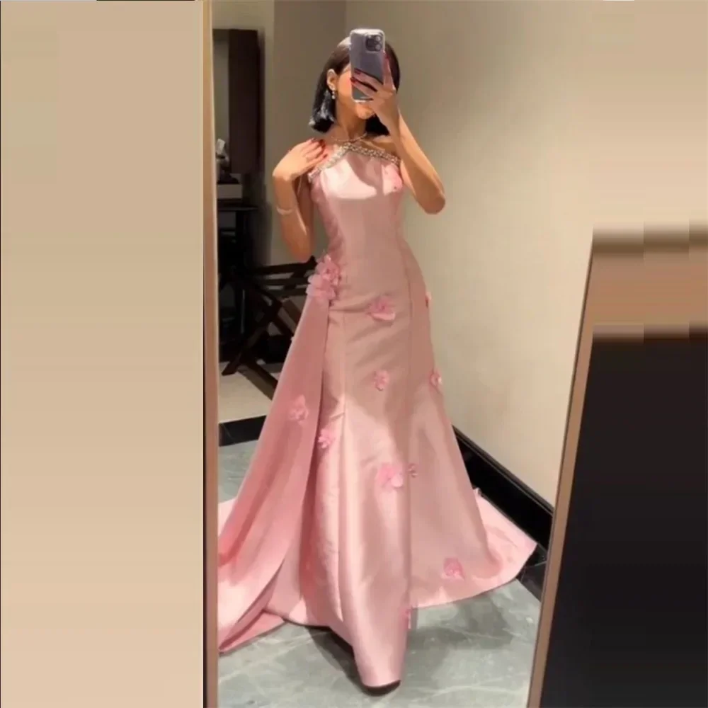 Customized Evening Gown Prom Dress Halter A-line Floor Length Applique 3D Flower Bespoke Occasion Dresses Saudi Arabia Formal