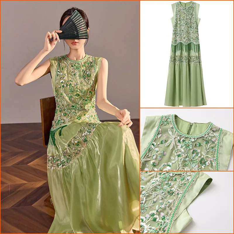 

New Women Light Luxury Holiday Chinese Dress Bead Embroidered Fringed Long Dress