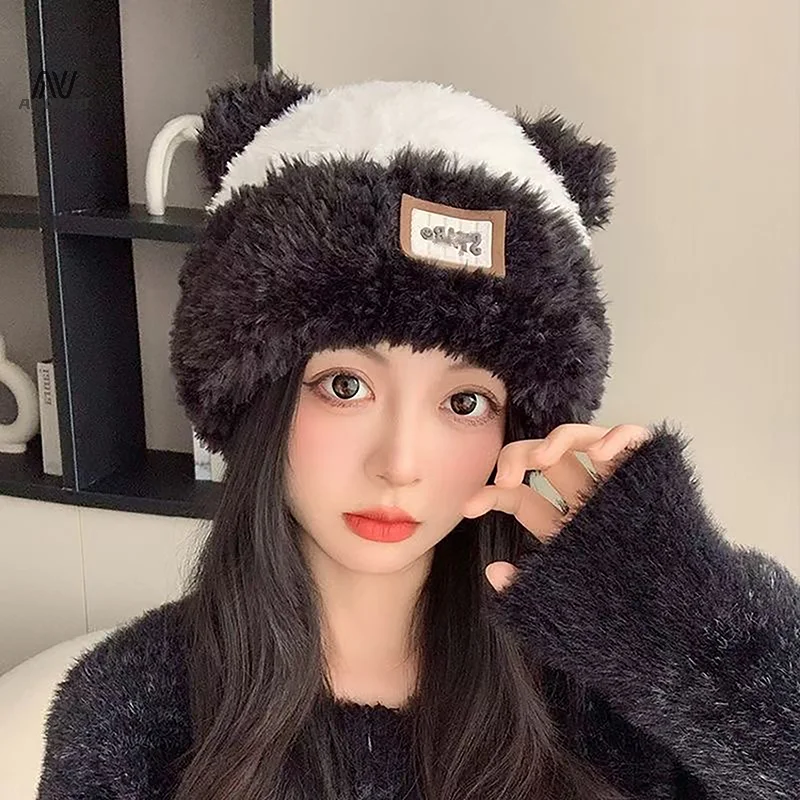 Winter Cute Panda Ears Hat Women'S Knitted Hat New Thickened Velvet Cute Bow Bow Ear Protection Cold Wind Cold Cap