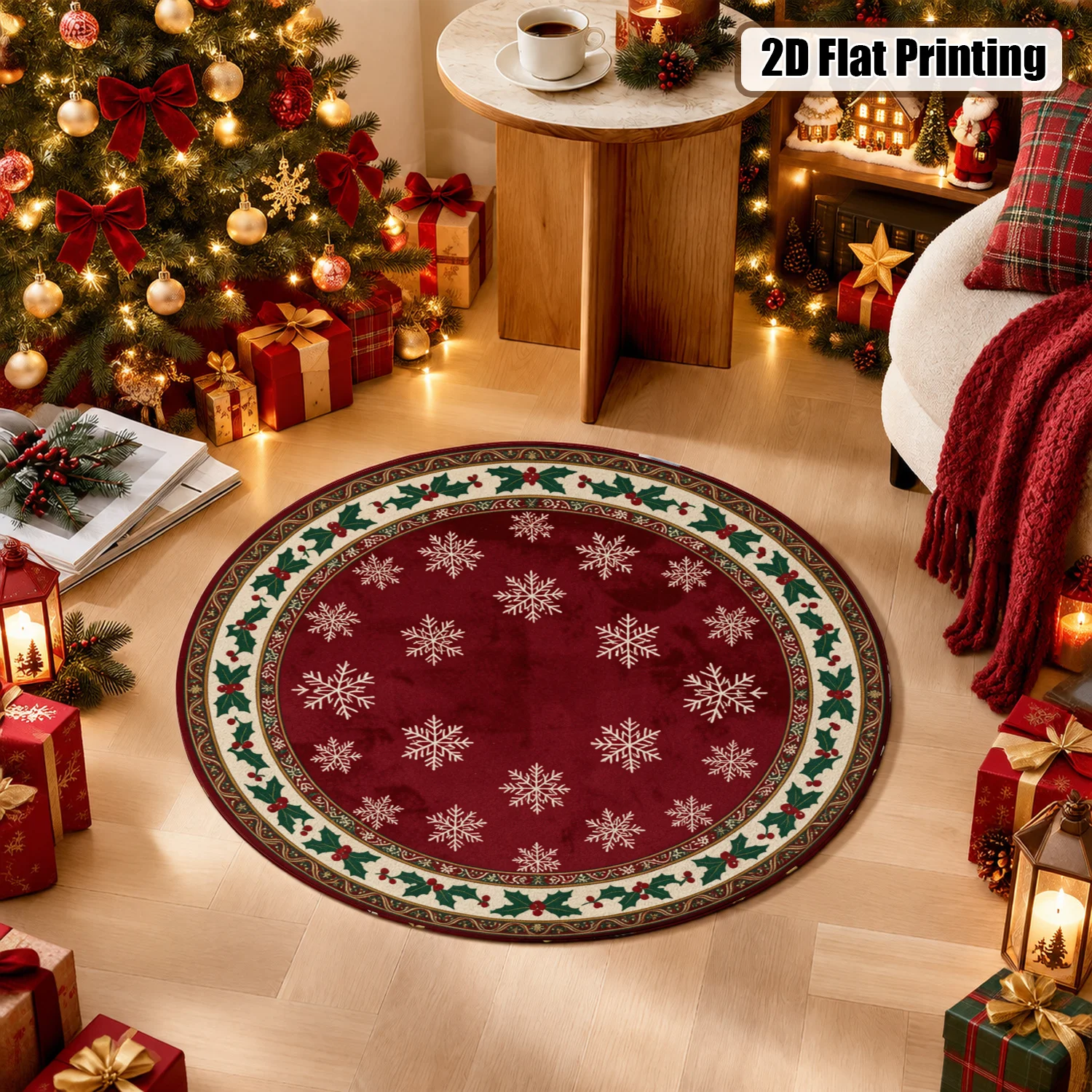 Snowflake Holly Pattern Round Velvet Rug Machine Washable for Living Room Dining Room Entryway Perfect for Halloween Thanksgiving Christmas New Year Black Friday Cyber Monday