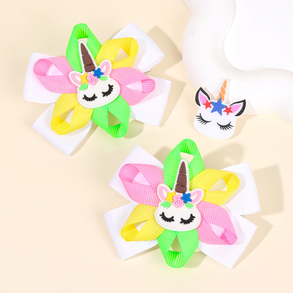 ncmama 2PCS Cute Unicorn Hair Clips Kids Cartoon Cloud Bow Hairpin Handmade Ribbon Barrettes Hairgrips Girls Hair Accessories