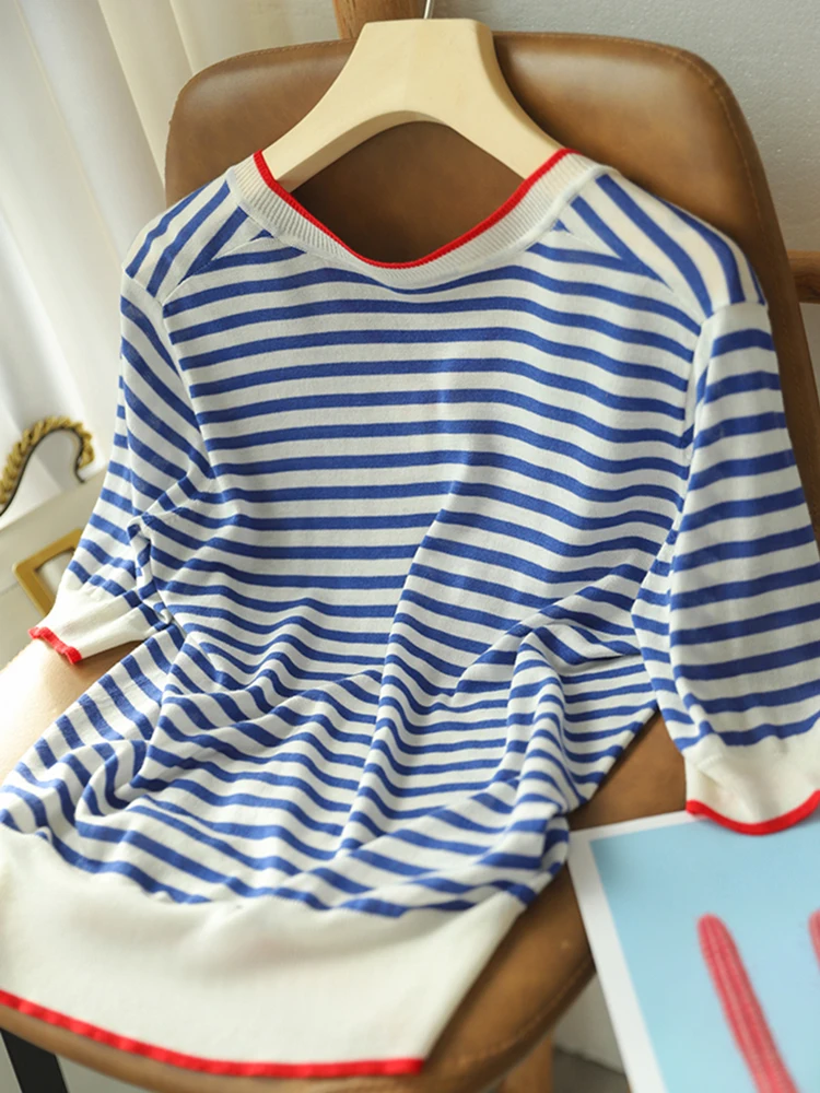 V-Neck Thin Knitted T Shirt Women Hit Color Patchwork Striped Tees Shirt Short Sleeve Summer Tops Korean Fashion Womens Clothing