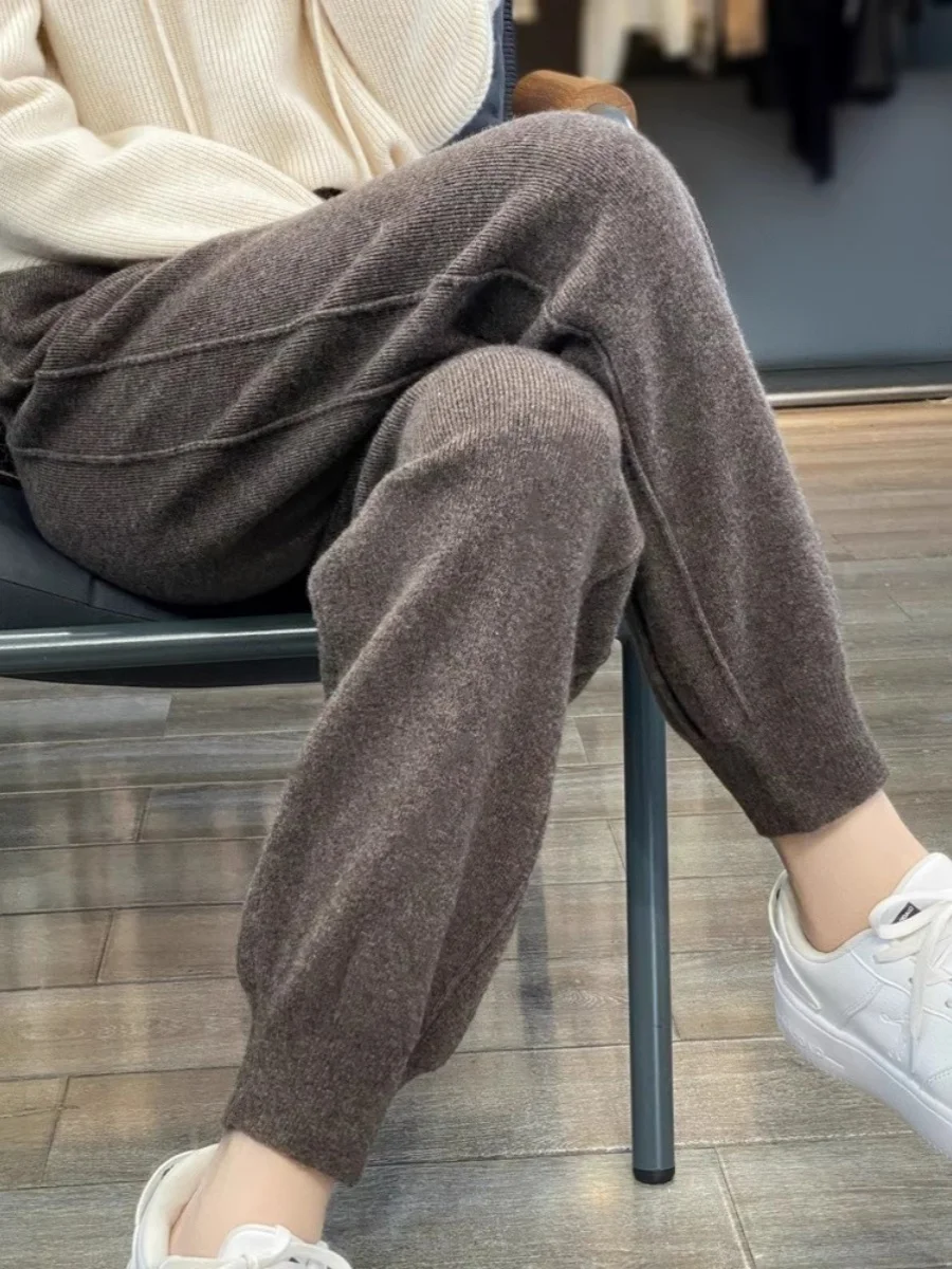 High Waist Knitted Woolen Trousers Women's Casual Elastic Waist Drawstring Straight Leg Thickened Versatile Slimming Base Layer