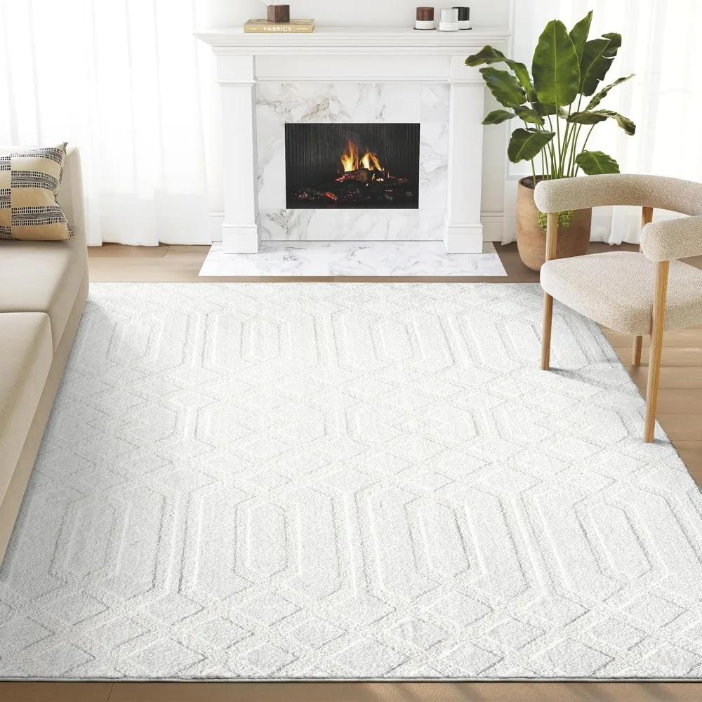 

Cozy Cream Area Rug for Living Room, Bedroom - Geometric Diamond Pattern - 5' x 8' - Durable & Easy to Clean