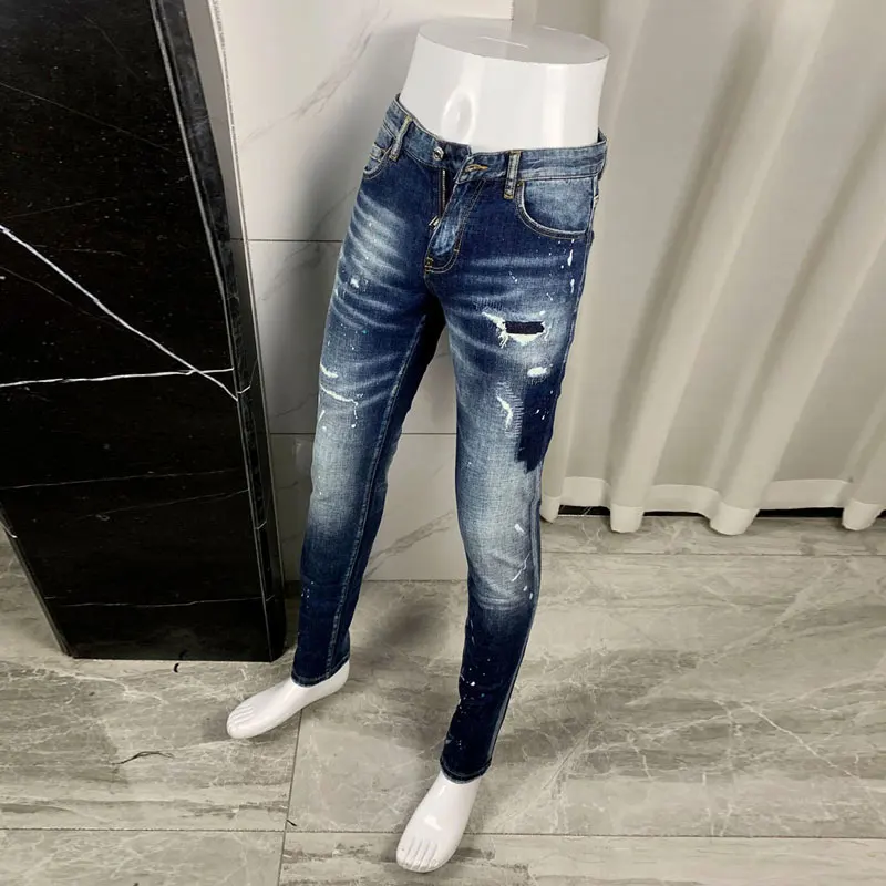 الشارع مصمم الأزياء الرجال الجينز الرجعية الأزرق تمتد سليم صالح رسمت ممزق الجينز الرجال Y2K العلامة التجارية خمر الدنيم السراويل Hombre #5