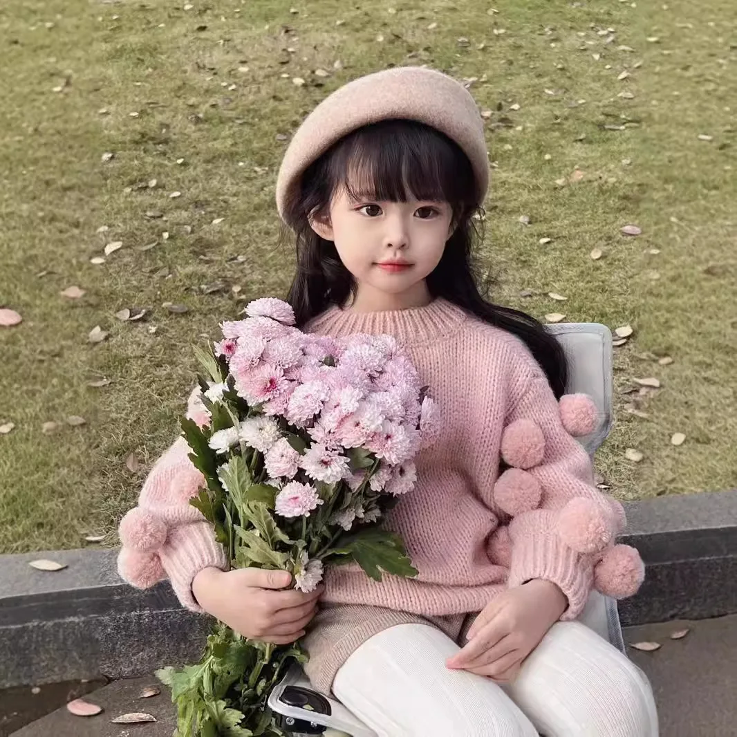 MILANCEL New Autumn Kids Sweater 2-7T Sweet Solid Color Hair Ball Decoration Girls Pullover Korean Loose Thin Children Tops