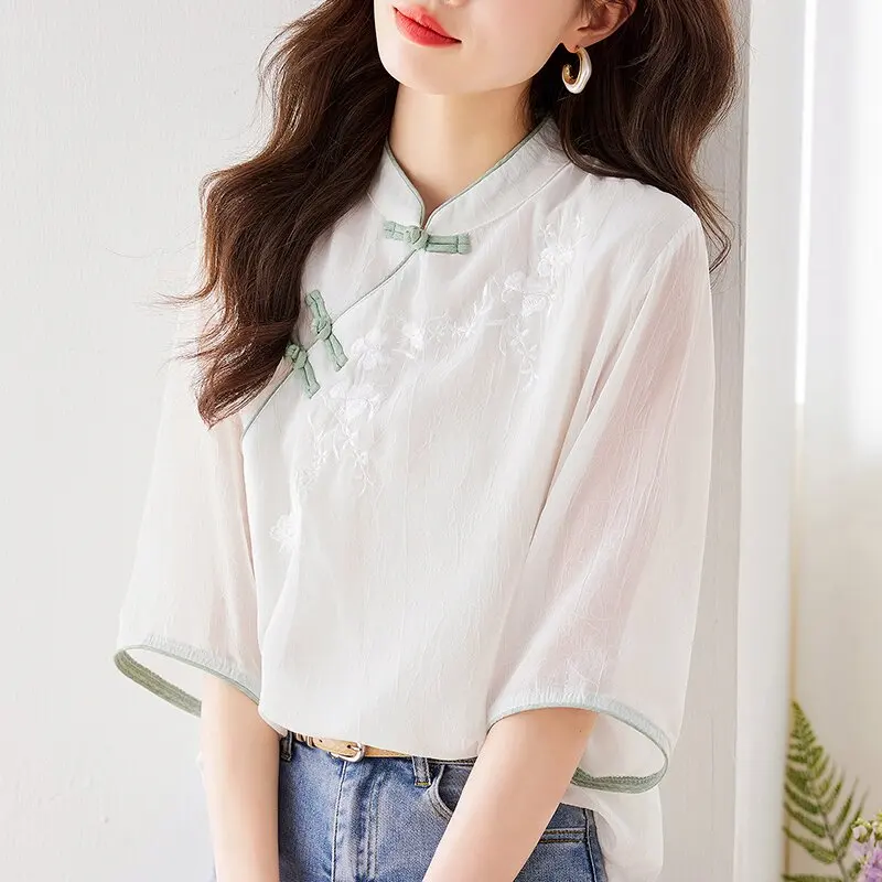 

Элегантная вышитая рубашка, женская летняя модная шифоновая блузка с воротником-стойкой, модная укороченная рубашка в китайском стиле, свободный крой