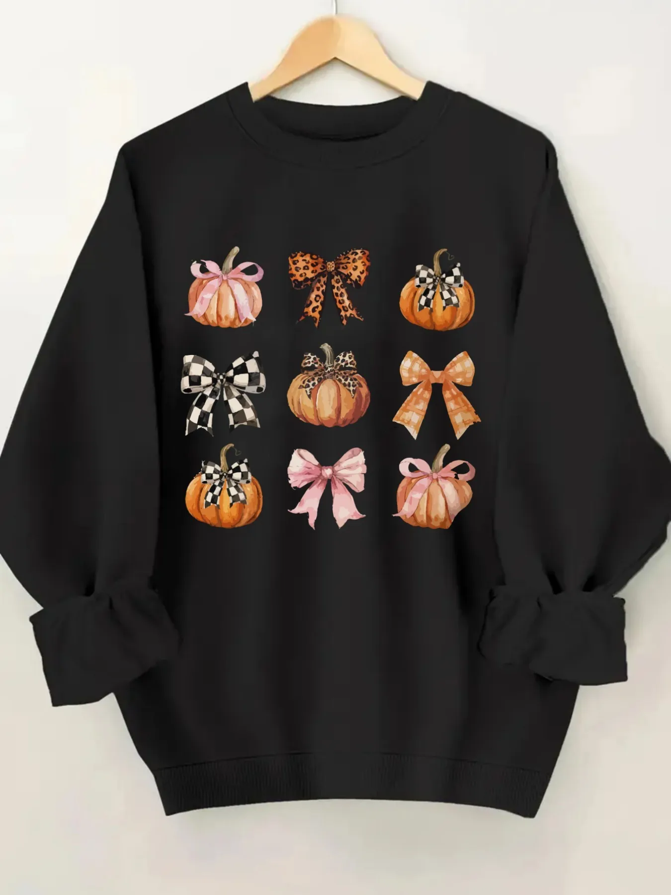 Women's Crewneck Pullover Sweatshirt Pumpkin Bow Print Design, Soft Casual Long Sleeve, Daily Casual Top Outfit, Winter Women's Clothing, Halloween Costume Outfit