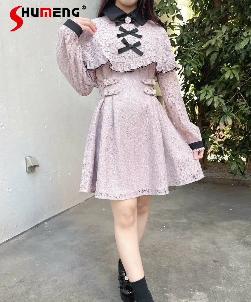 

Sweet Girl Spring Lolita Lace Cloak Bow Mid Dress 2024 New Japanese Style Mine Series Mass-Produced Cute Midi Dresses Female