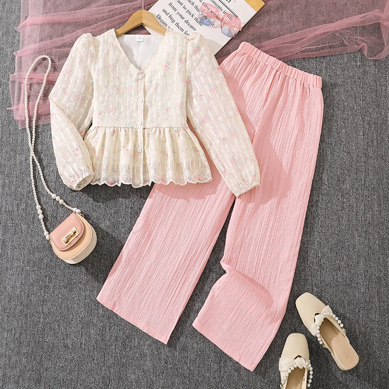 Girls 8-12 Fashion Outfit, Lace Trim Floral Blouse & High Waist Elastic Pants, Elegant and Versatile for Daily Outings
