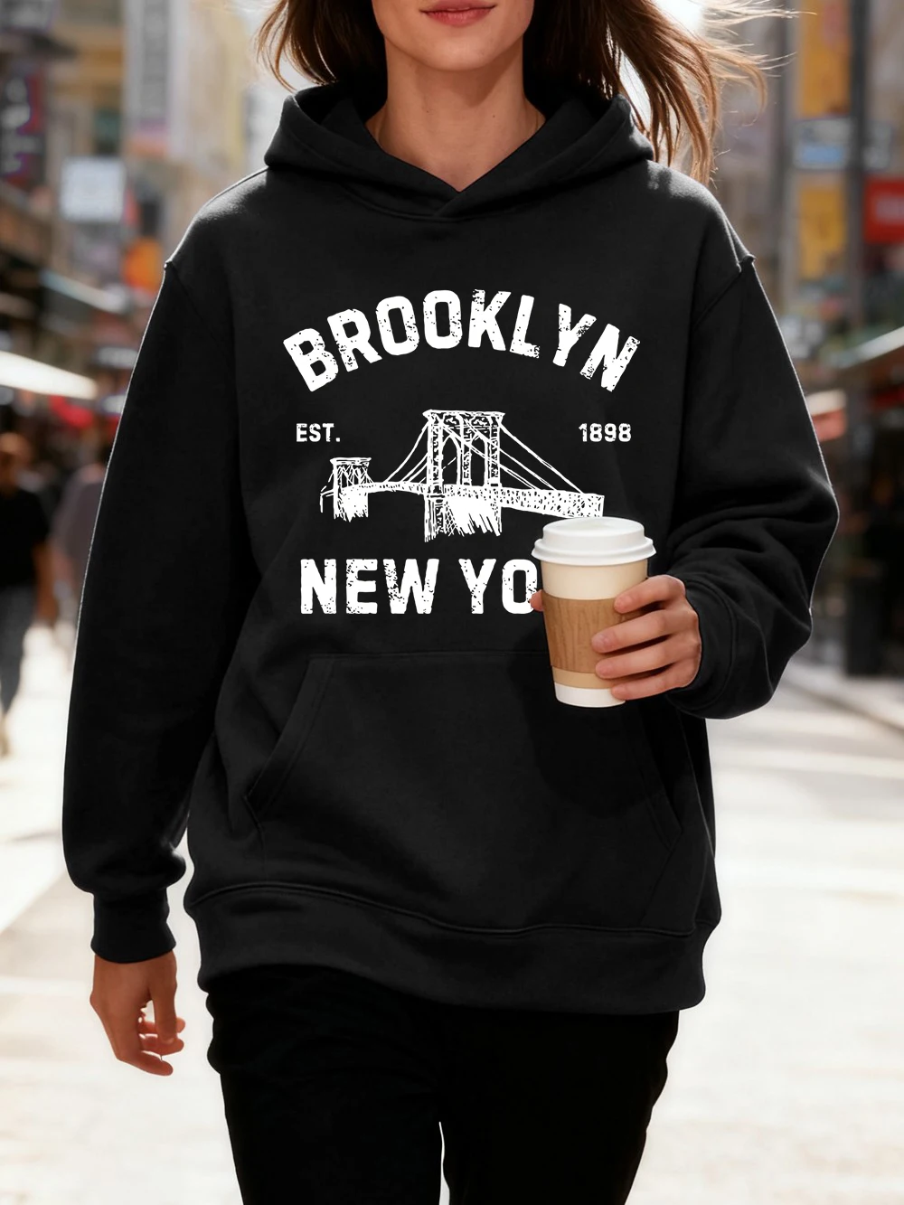 Brooklyn New York Letter Prints Hoodies Cotton Women Winter Fleece Warm Pullovers Jogging Pocket Sweatshirt Sporty Loose Clothes