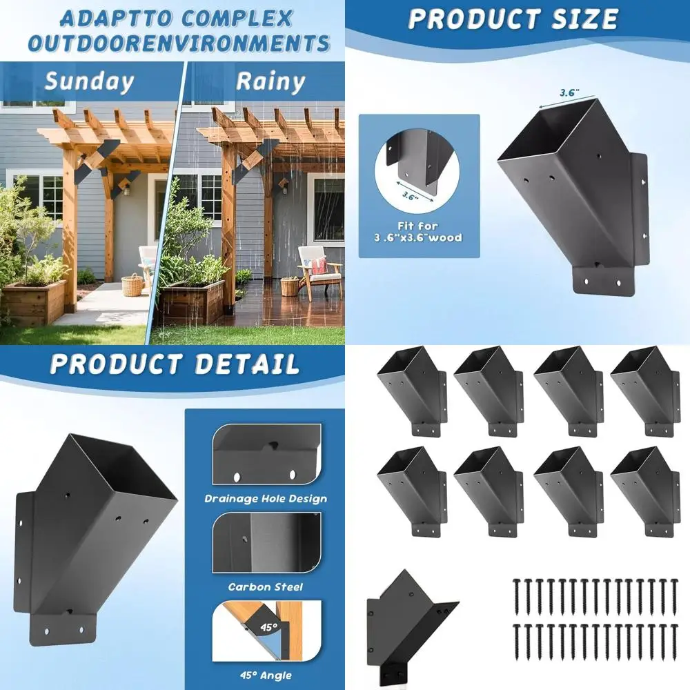 

45-Degree 4x4 Corner Pergola Brackets Kit, 8 Pieces, Ideal for Gazebo, Deck, and Trellis Support (Black)