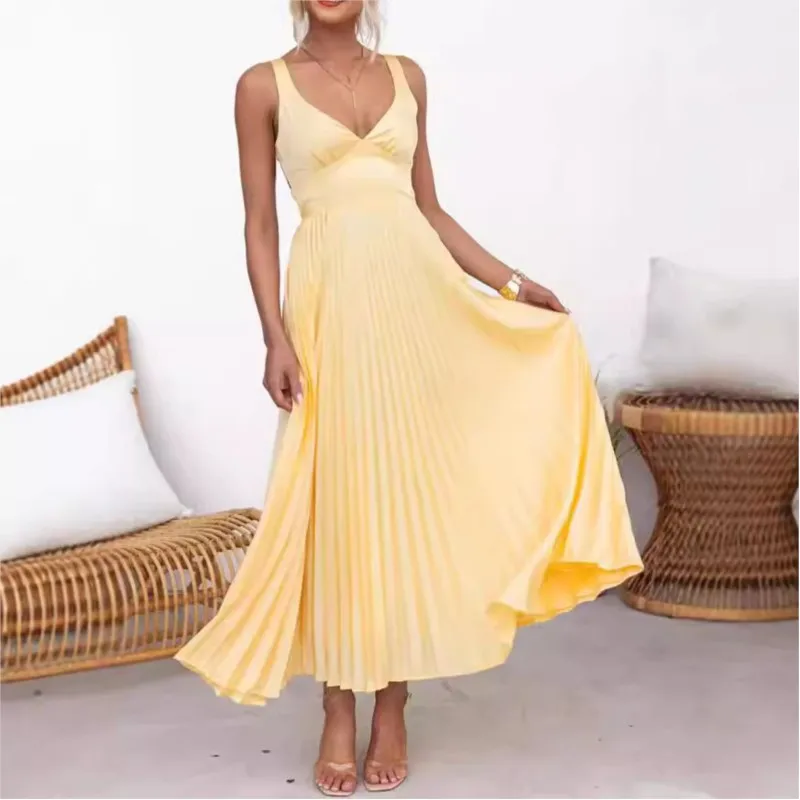 

Fashion V-Neck Holiday Long Dress Summer Elegant Strap Loose Solid Sleeveless Party Dress Women High Waist Solid Pleat Dresses