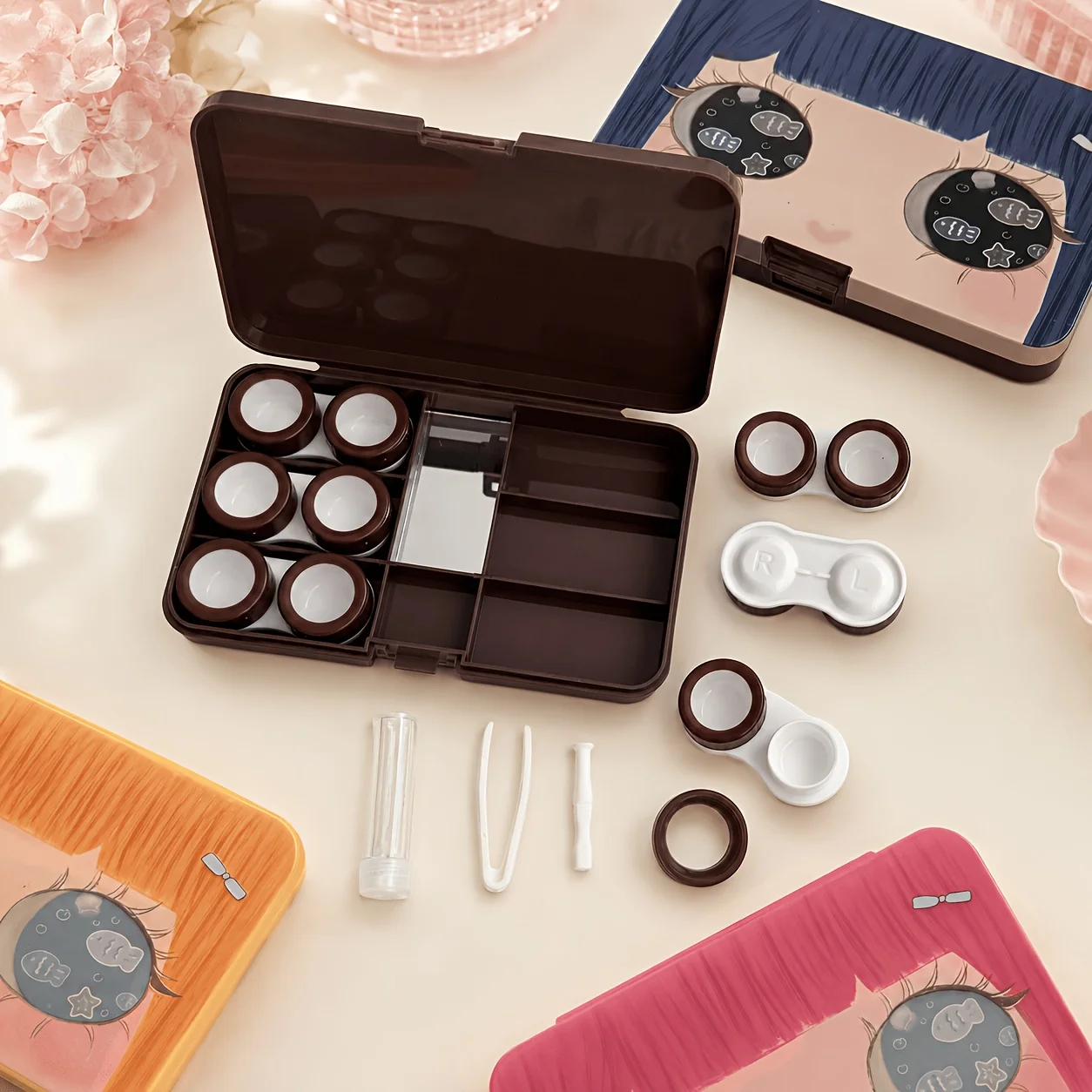 Deeplan Portable Storage Box Set, Compartmentalized Organizer Box, Cute Design, Compact Cosmetic Container Set, Includes Mini Refillable Bottles, Suitable for Daily Use