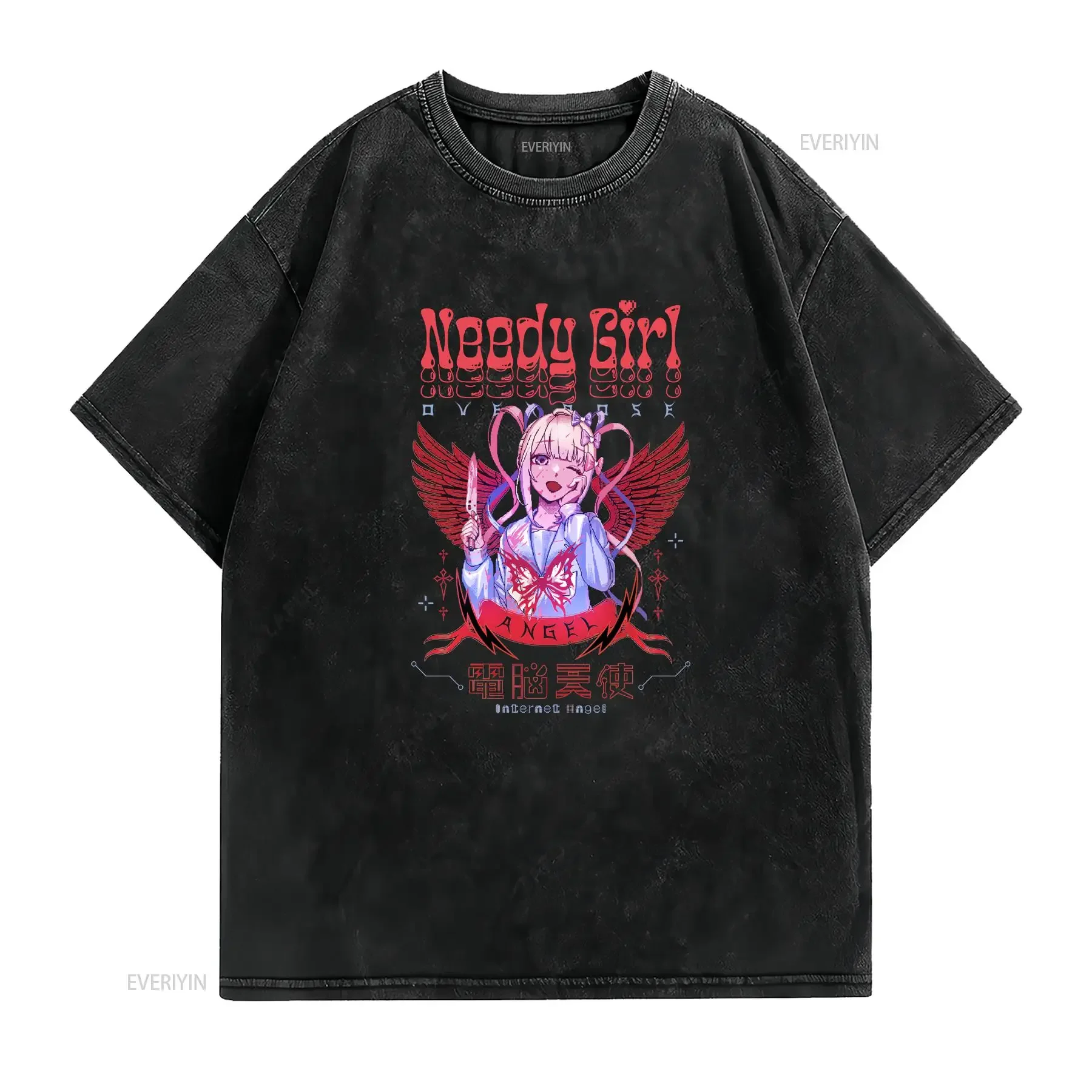 T Shirt Superb Kawatenshi Chan Cyber Angel Black Xl Size Needy Girl Overdose vintage Washed graphic Breathable Soft Unisex
