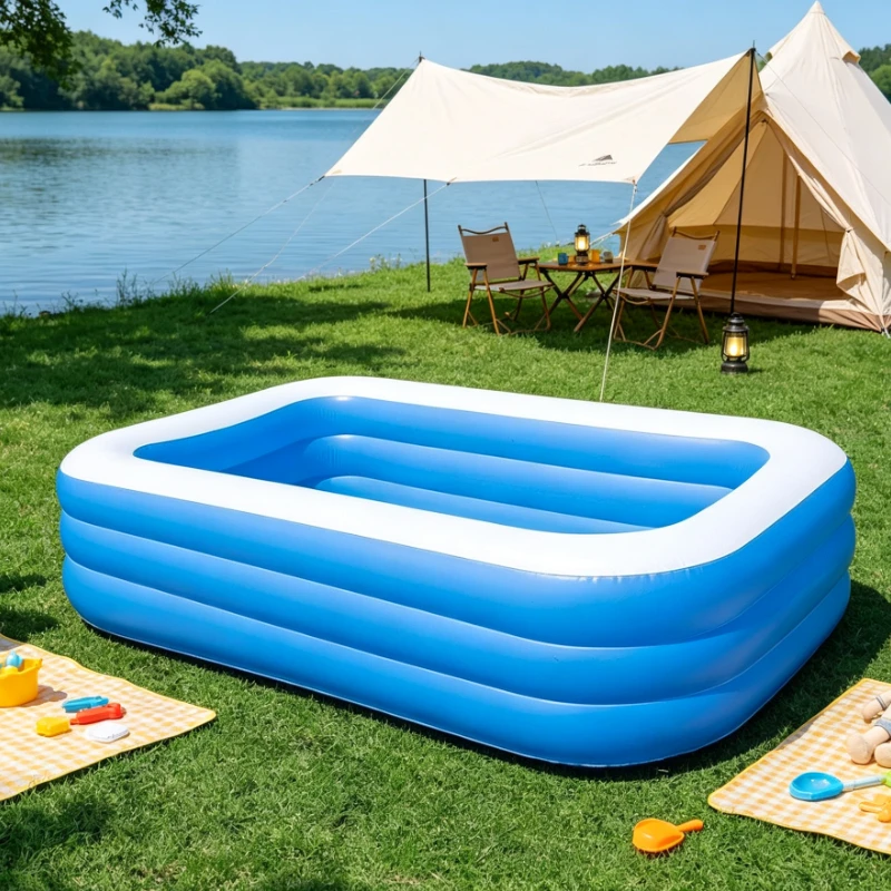 Large Rectangular Inflatable Swimming Pool Thickened PVC Family Adult Outdoor Backyard Garden Water Play Bathtub Blue