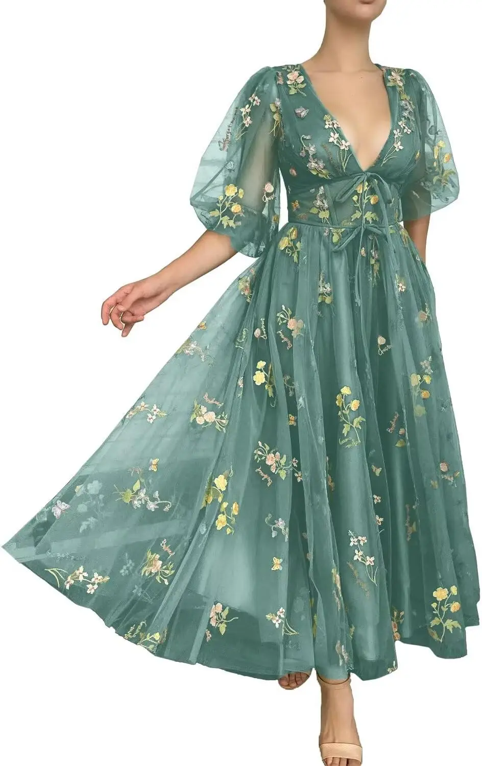 여성용 짧은 퍼프 소매 프롬 드레스 꽃 자수 플로럴 튤 정장 이브닝 파티 가운