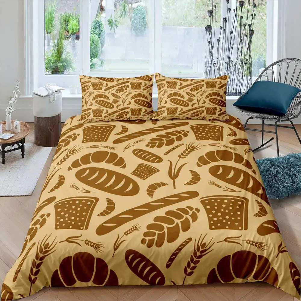 Bread Pattern Bedding Set 3pcs Freshly Baked Croissants on Wooden Table Comforter Cover 3D Food Theme Microfiber Duvet Cover Set
