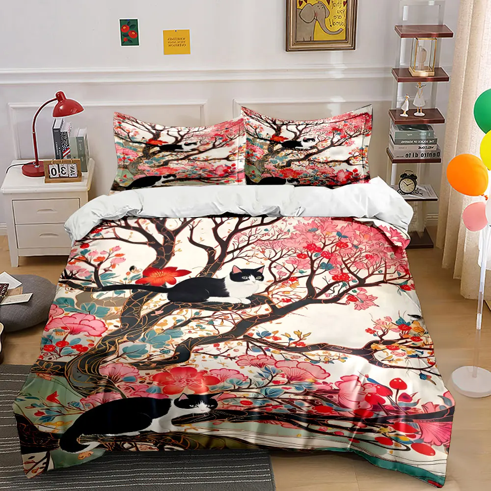 Elegant cats floral tree pattern Print Bedding Set 1 Duvet Cover 2 Pillowcases for Adult and Children Luxury Gift Full Size