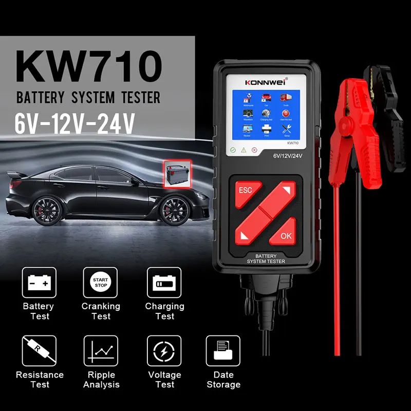 KONNWEI KW710 Cars Battery Tester 6V/12V/24V 100-2000CCA Battery Load Tester Motorcycle Auto Trucks Charging Diagnostic Tools
