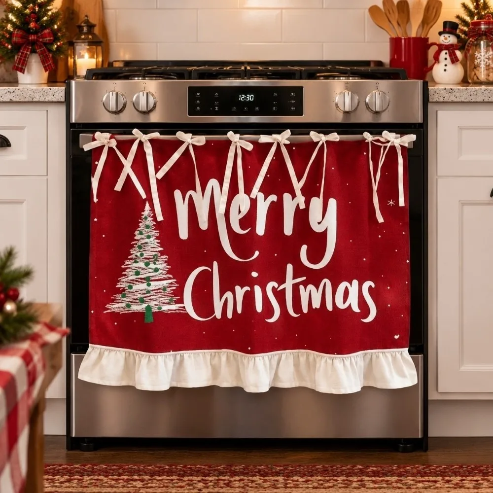 Durable Xmas Oven Decor Curtain Ribbon Ties Printed Pattern Appliance Cover Bow Plaid Kitchen Decor Protective Curtain