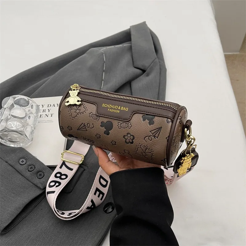 Cute Cartoon Pattern PU Leather Crossobody Bags For Women Barrel Shape Small Shoulder Bag Kawaii Bear Pendant Ladies Handbags