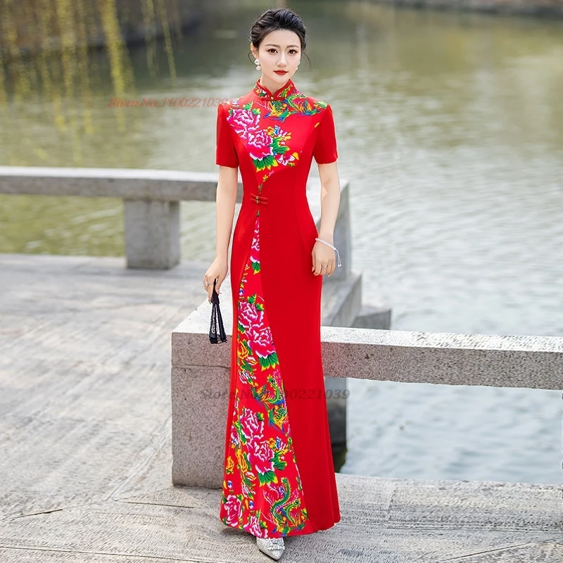 

2025 chinese vintage dress improved cheongsam national flower print patchwork qipao stage performance banquet evening dress