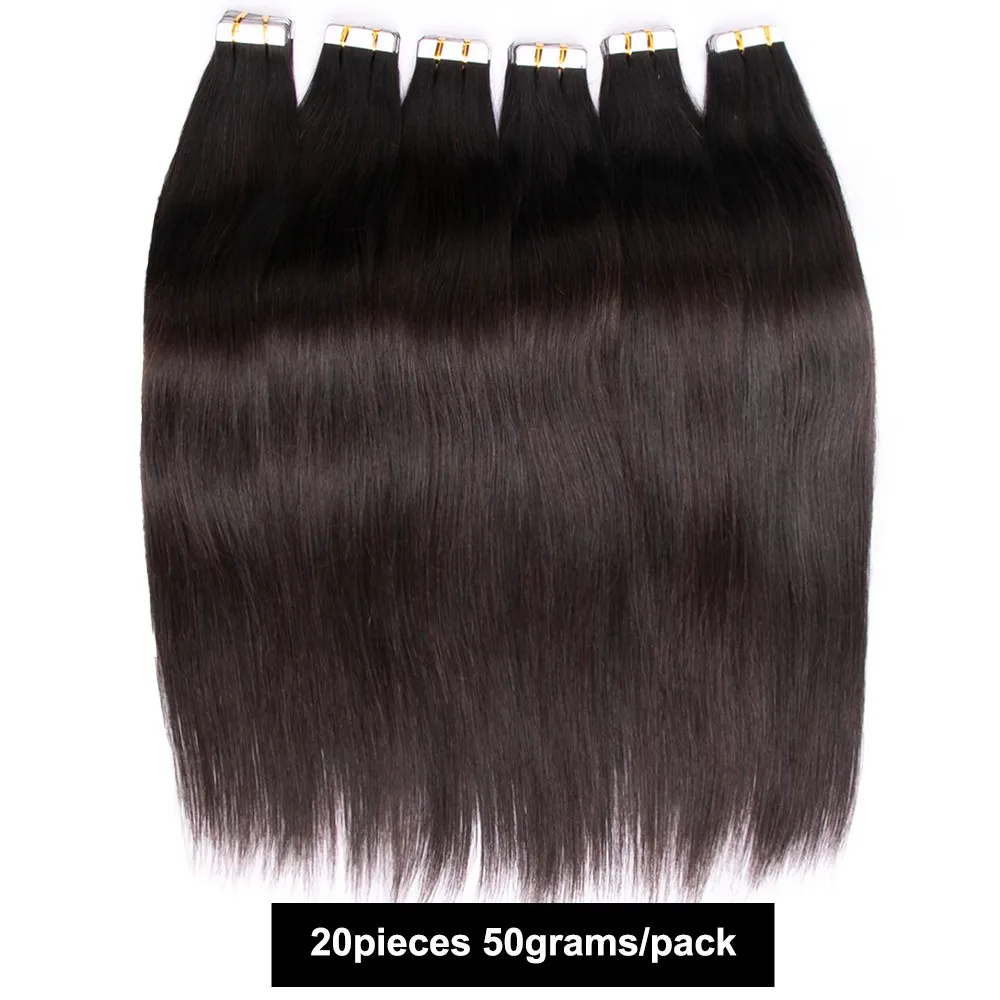 شريط ريمي في وصلات الشعر شعر بشري حريري مستقيم 20 قطعة 50 جرام 16-24 بوصة يمكن صبغه وتبييضها # 27 غراء لاصق قوي