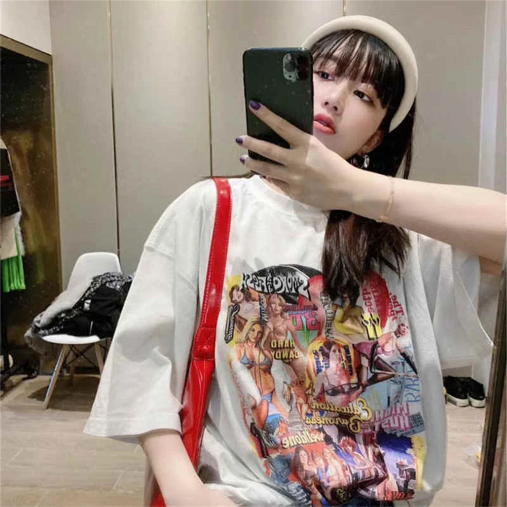 2024 fashion new men's and women's summer movie poster oil painting graffiti letters pure cotton short-sleeved T-shirt