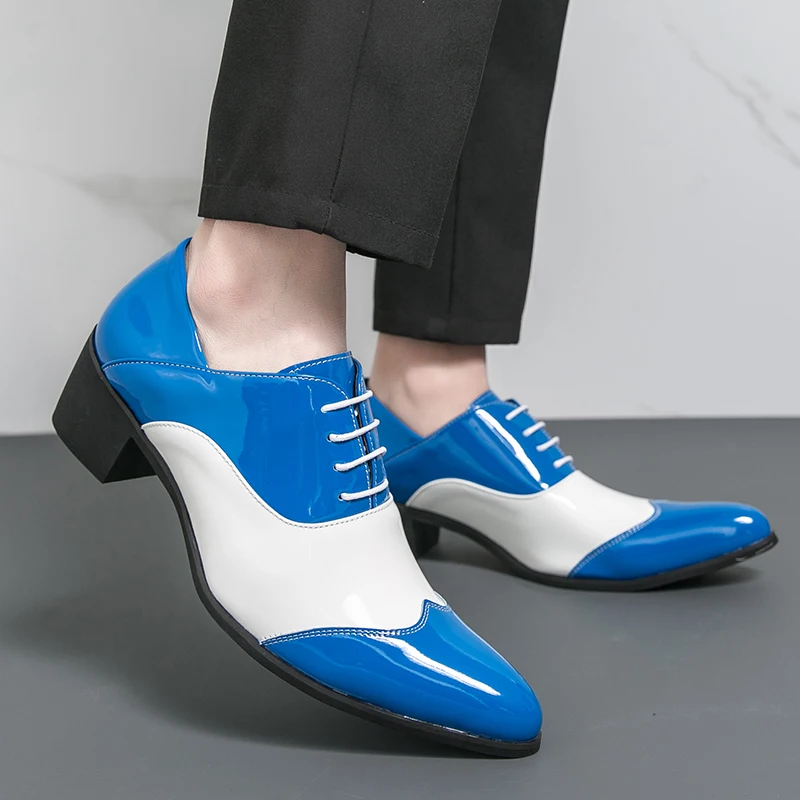 Men Two Tone Patent Leather Oxfords Pointed Toe High Heel Lace Up Formal Dress Shoes Fashion Party Wedding Gentleman Footwear