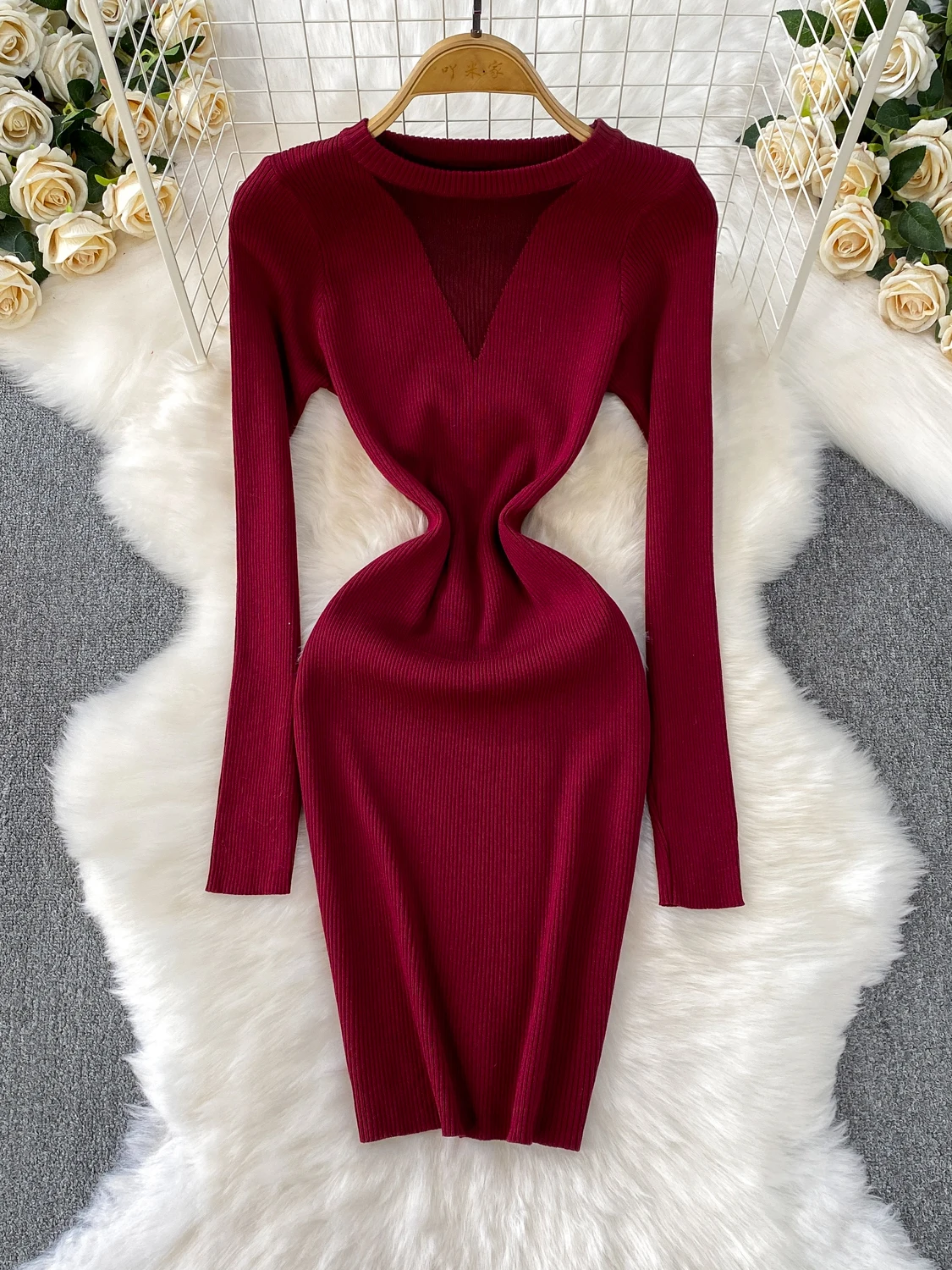 Sexy V-ne Long Sve Knitted Dr Women's Winter Slim Fit Bodycon Mid-length Dr Korean Sle High Waist Pure Color