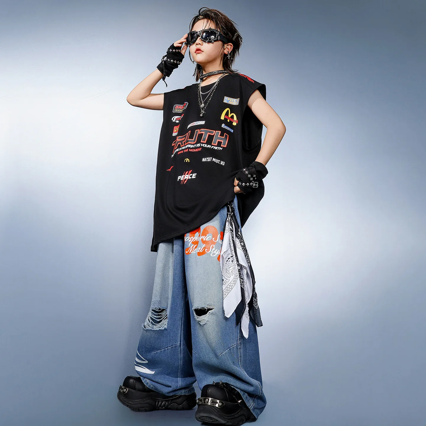 Enfant Kpop Hip Hop vêtements noir imprimé Long débardeur Denim bleu décontracté déchiré jean pantalon pour fille garçon danse porter Costume vêtements