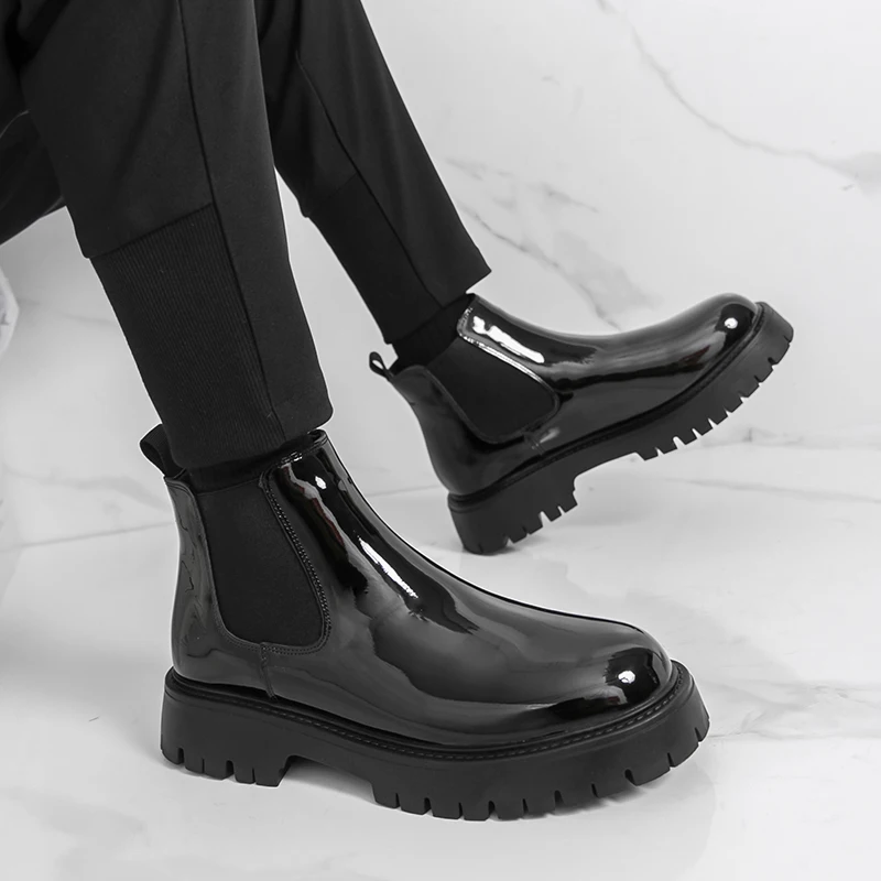 

Men Business Chelsea Boots Thick-soled Patent Leather Anti-slip High-top Fashionable Boots European American Social Boots Men