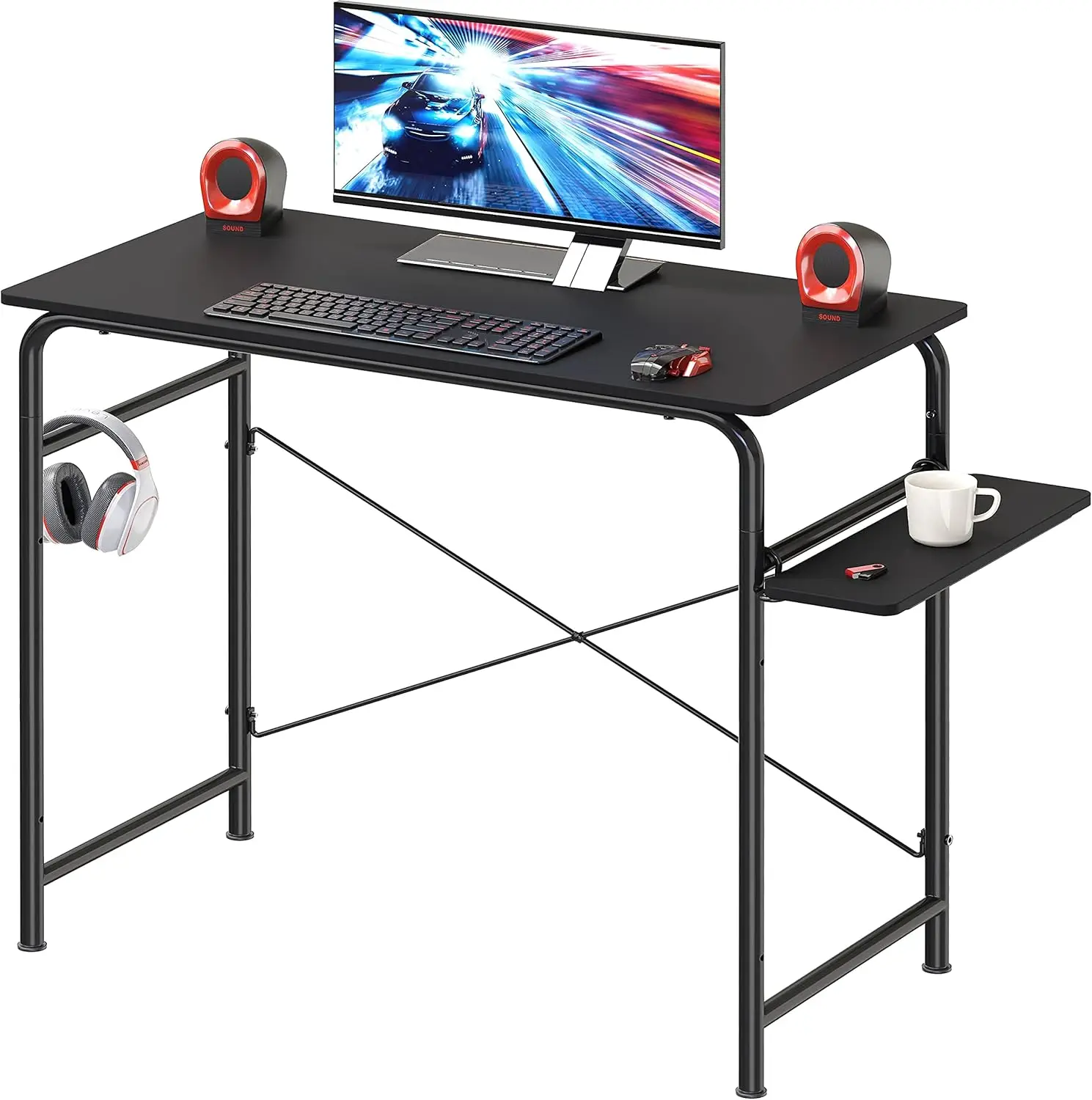 

Compact Black Gaming Desk with Shelf, Ideal for Home Office