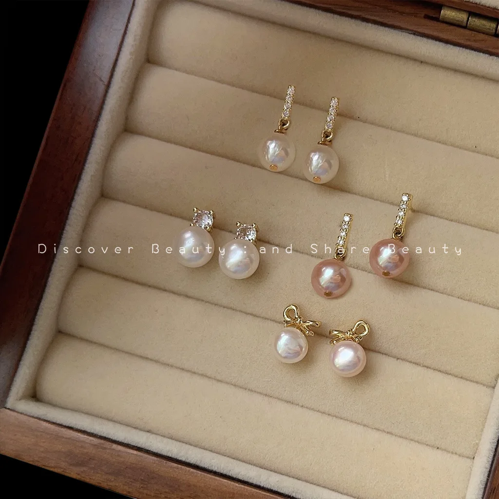

DIY accessories Small daily natural pearl stud earrings French high-end temperament earrings versatile fashion zircon earrings w