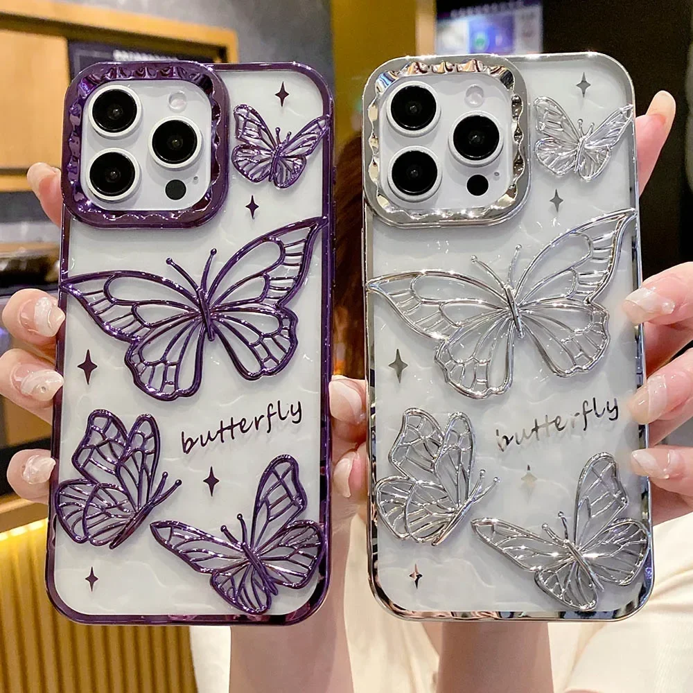 Luxuly Hight End Butterfly Transparent Case For IPhone 15 14 11 Plus 13 12 Pro Max Soft Silicone Electroplated Phone Back Cover