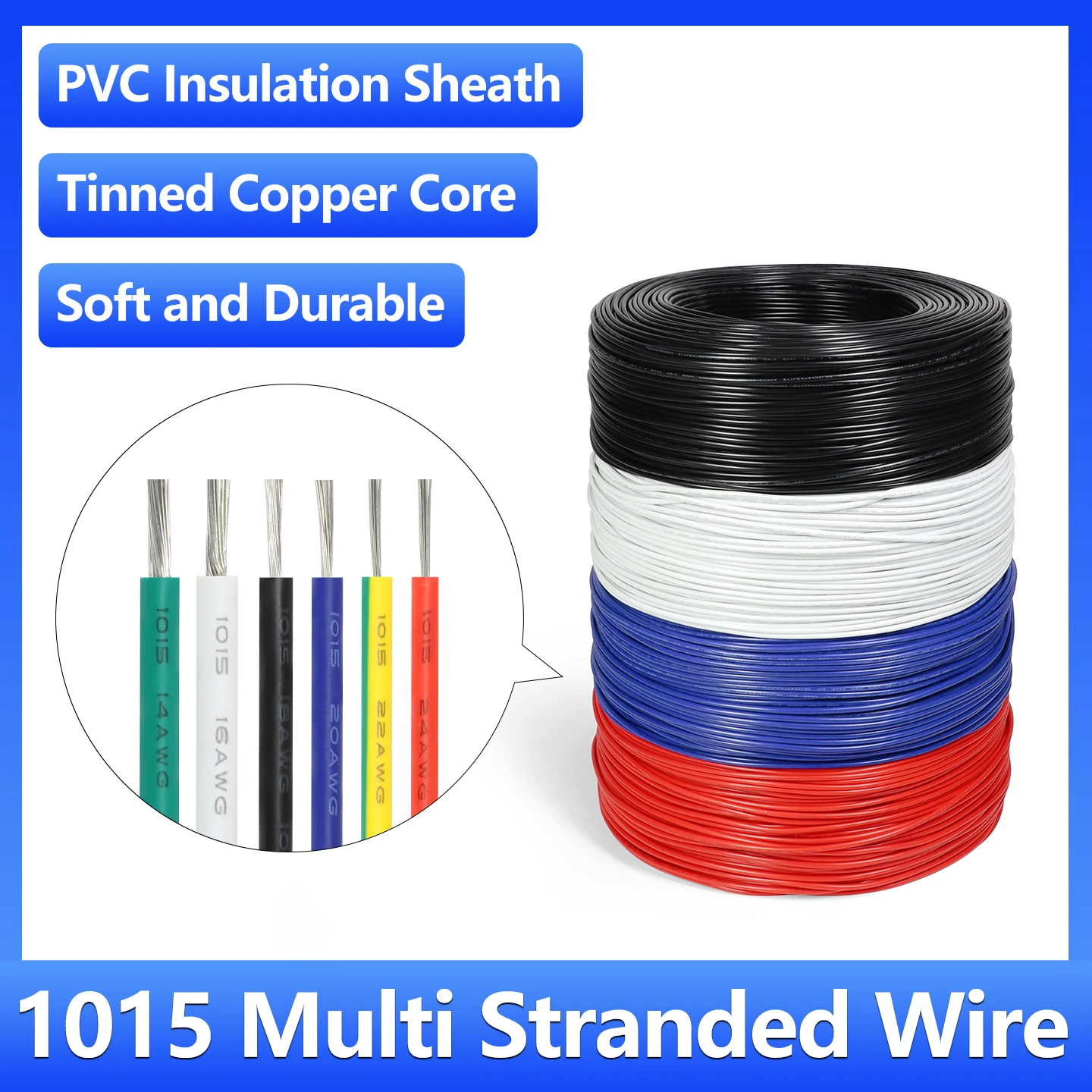 

2/5m 1015 PVC Multi stranded Copper Wire 24 22 20 18 16 14 12 10 8 AWG PVC Insulated Tinned Copper Cable LED DIY Line 600V