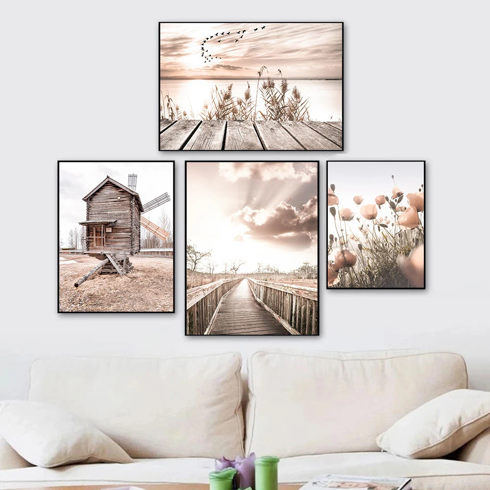 Sea Landscape Canvas Print Beach Poster Wooden Bridge Hay Flower  Wall Art Painting Nordic Wall Pictures For Living Room Decor