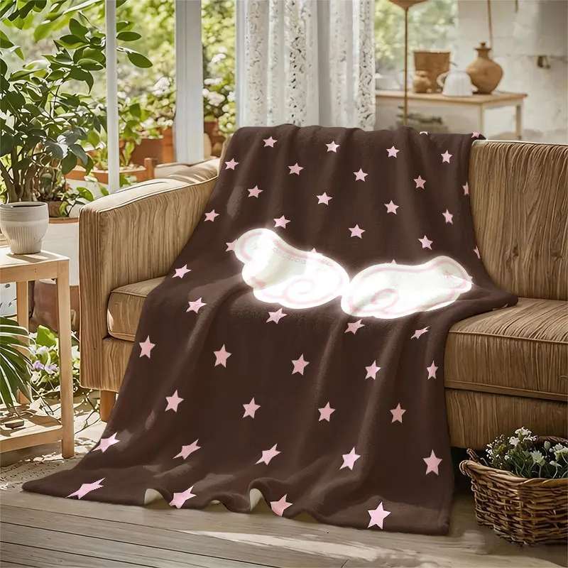 Angel Wings Stars Brown Flannel Blanket Perfect for Sofa Office Bed Travel Sleep Read Relax Camping Four Season Use