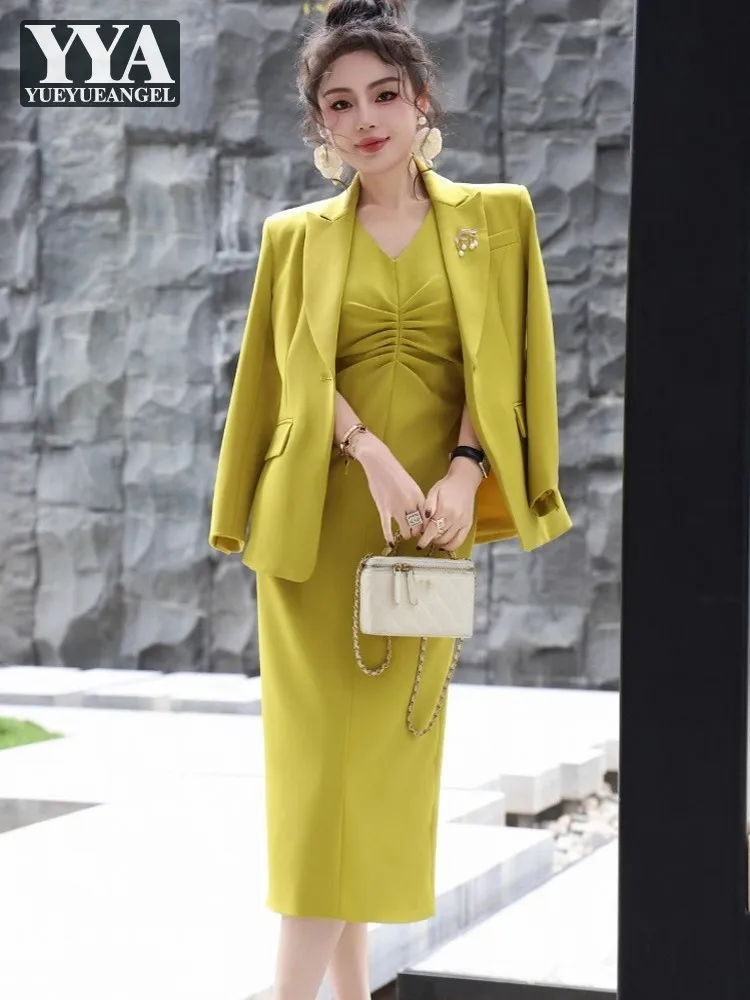 Fashion Women Elegant Blazers Suit Slim Fit Single Button Jacket Outerwear V-Neck Sleeveless Fold Dress Workplace Two-Piece Set