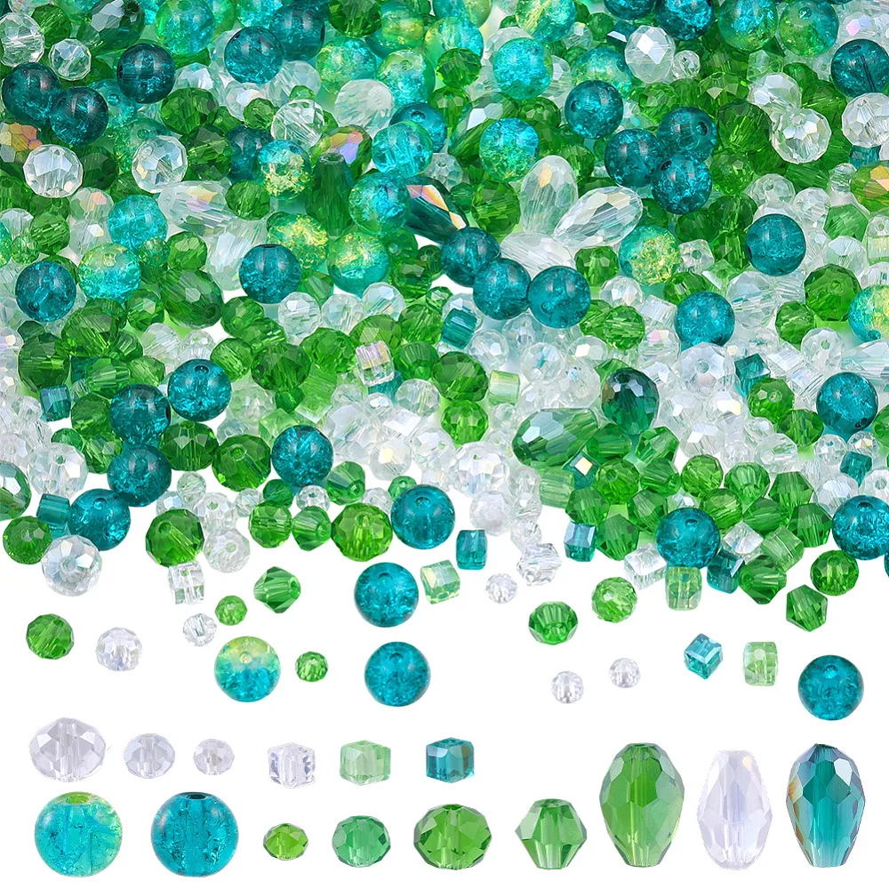 710Pcs Green Glass Beads Assorted Glass Bead Kit 4 6 8mm Small Faceted Tear Drop Rondelle Square Round Loose Spacers