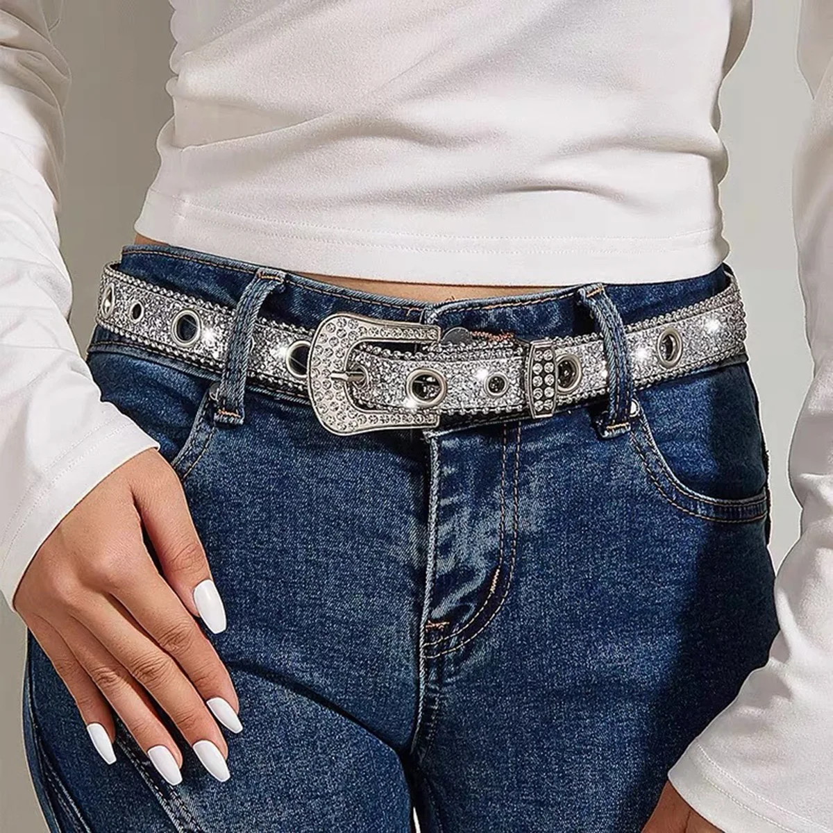 Y 2K Strass Riem Vrouwen Zilverkleurige Glinsterende Tailleband Verstelbaar Plus Size Glitter Pu Lederen Harajuku Jeans Broek Riem Decoratief