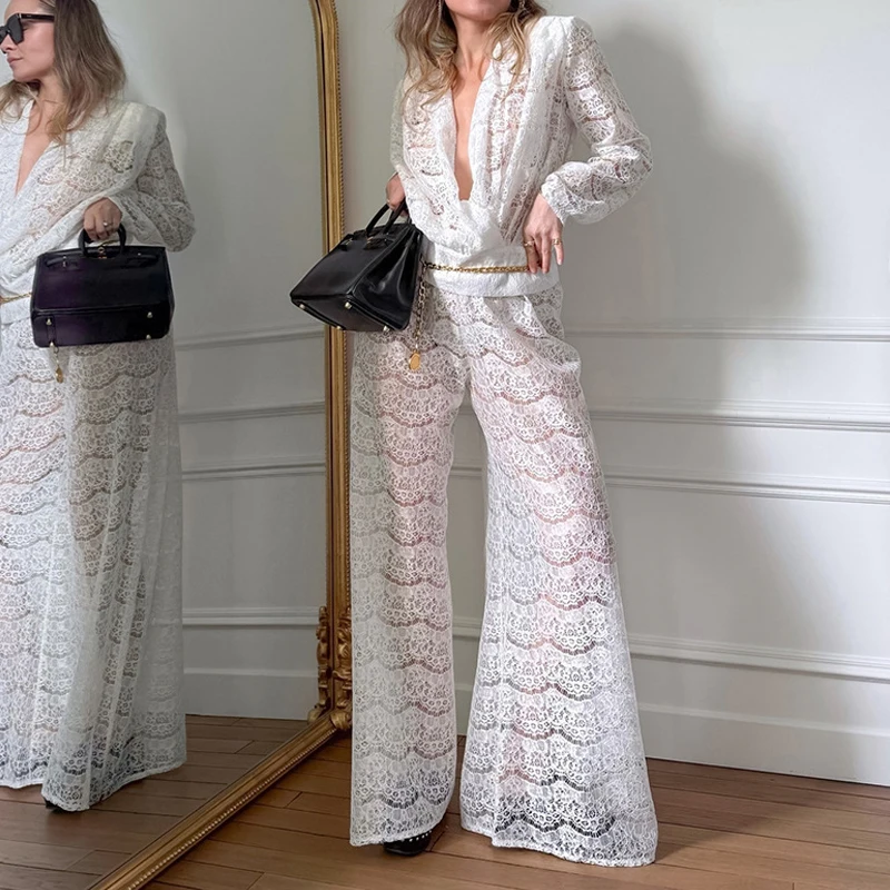 

Ladies Deep V Long Sleeve Top and Long Pants Club Party Suit White Lace Spring Casual Two Piece Set Fashion Street Loose Outfits