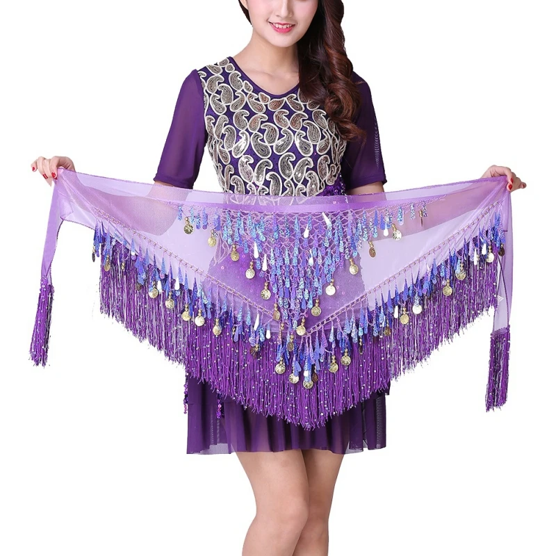 

Women Belly Dance Scarf with Sequin Coins Bling Tassel Waist Hip Skirt Costumes Indian Dancing Practice Performance 8 Colors